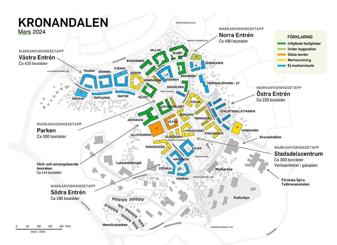Karta som visar byggstatus på området Kronan i mars 2024