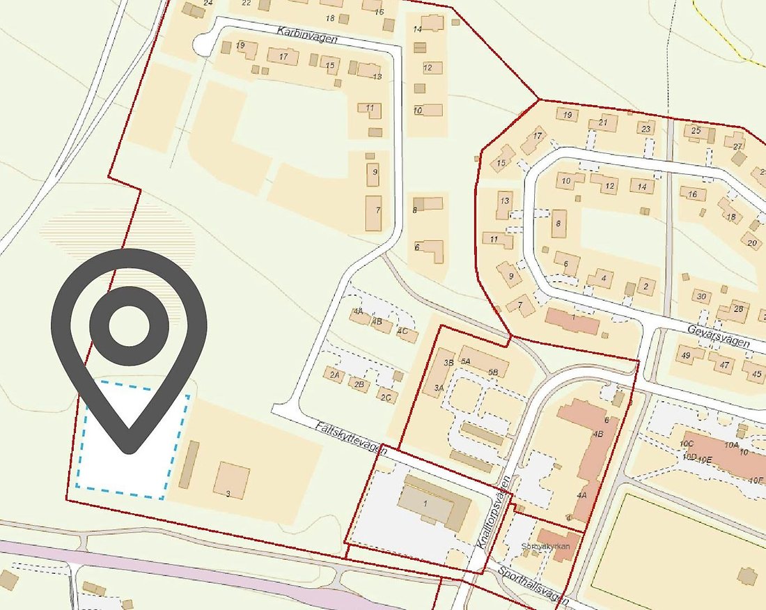 Karta som visar var den nya verksamheten ska placeras på Fältskyttevägen i Antnäs