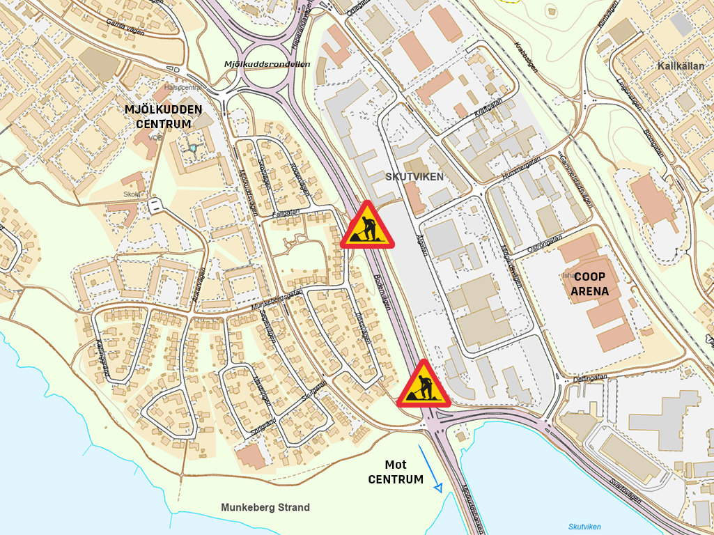 Karta som visar var vi ska renovera gång- och cykelportar längs Bodenvägen