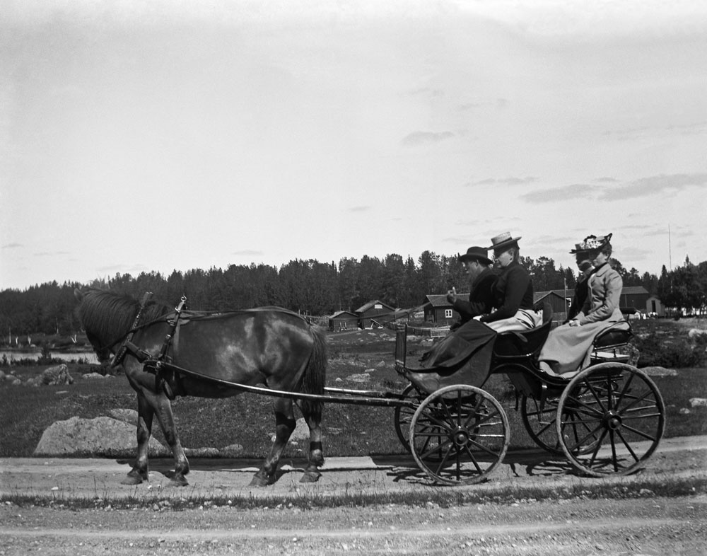 Häst drar vagn där det sitter tre finklädda kvinnor och en man.