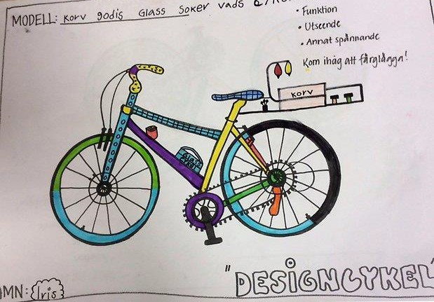 Bilden visar en tecknad cykel som en elev färglagt och designat
