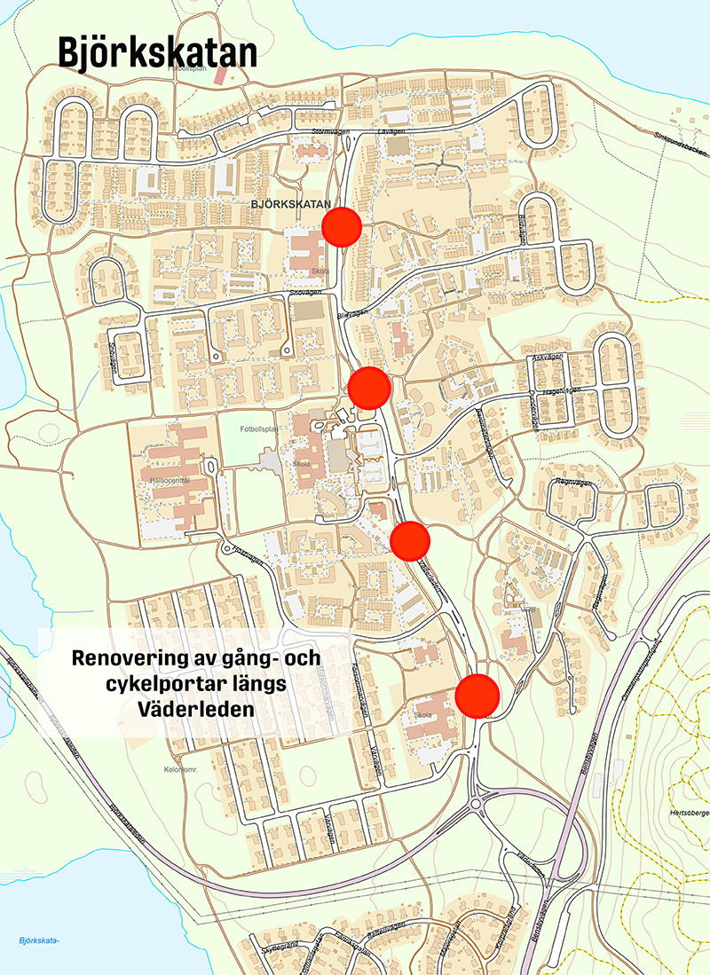Karta som visar var vi ska renovera gång- och cykelportar längs Väderleden