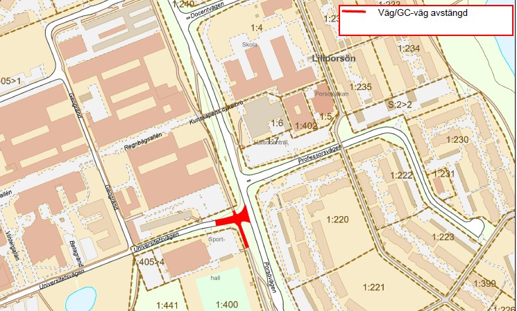 Korsningen Porsövägen/Universitetsvägen hålls stängd under byggtiden.