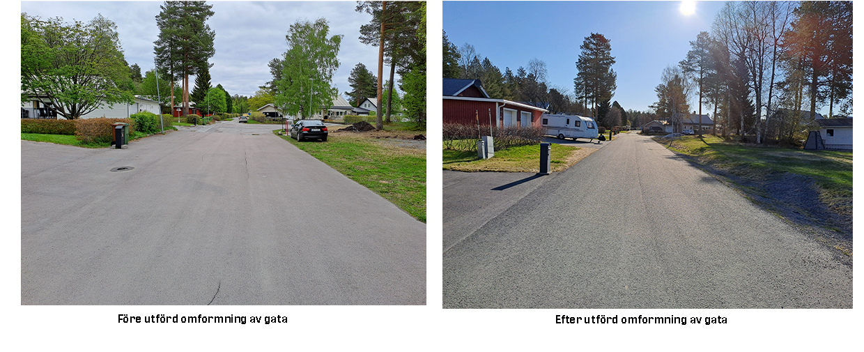 Bildexempel på hur gatans utformning ser ut före och efter utfört arbete.