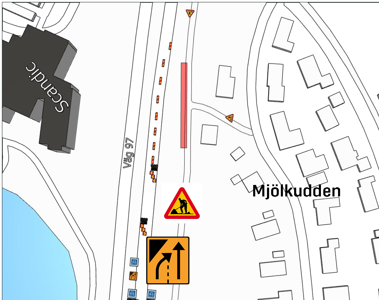 Vägbanan mot Mjölkudden längs Bodenvägen stängs under arbetstiden, se ritning för avstängning.