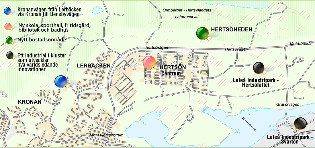Bilden visar en karta över Hertsön där de olika projekten är utmarkerade.