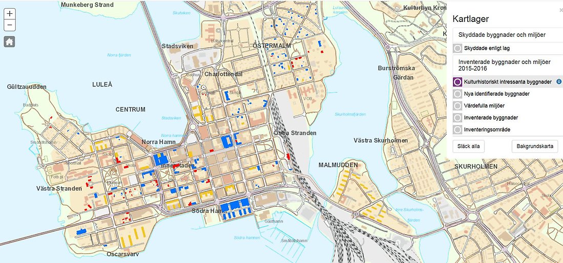 Kartbild med markeringar av kulturhistoriska byggnader i Luleå. Bilden är klickbar och öppnar nytt flik med kartlager.