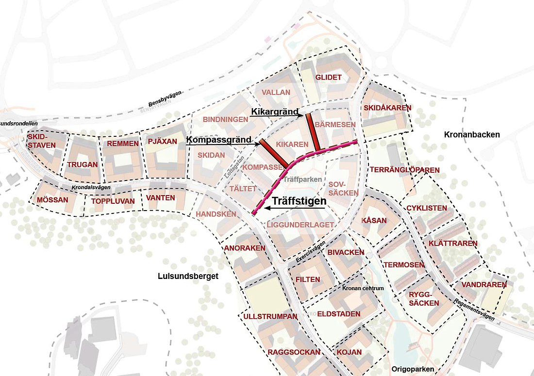 Karta med gatunamn på Kronan