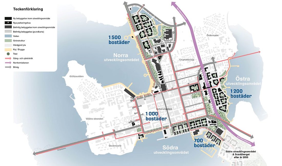 Karta över centrumhalvön med Norra- och Södra utvecklingsområdet samt Östra Stranden som är tre större utvecklingsområden för bostäder och arbetsplatser. 